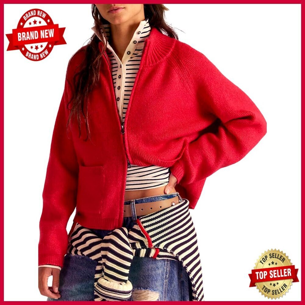 Chunky Knit Cropped Cardigan Zip Up Mock Neck Ribbed Sweater with Pockets